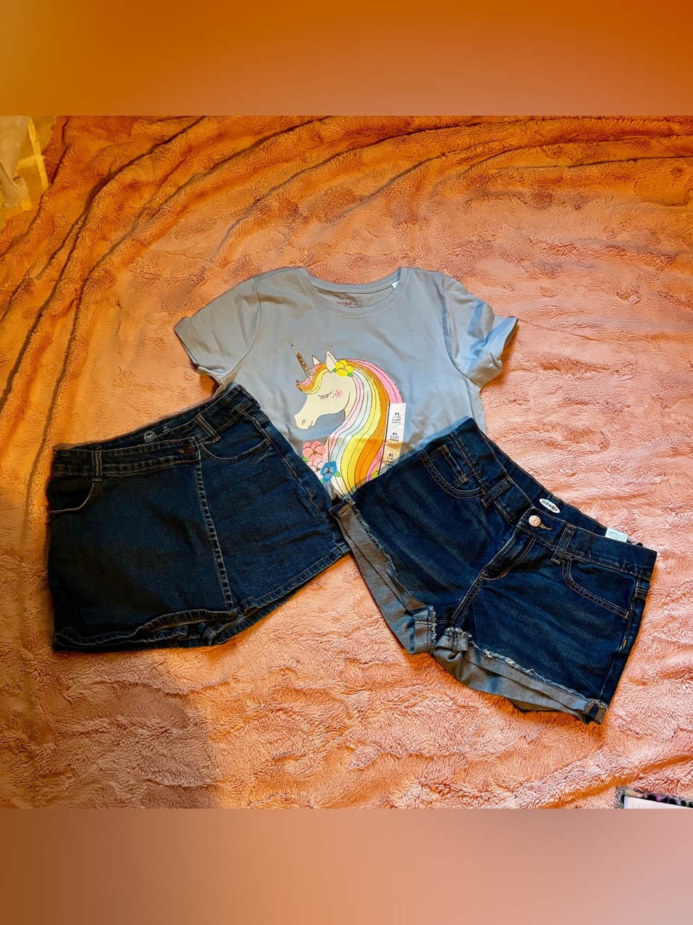 Girls Size 14 XL 3pc Clothing Bundle Unicorn Tee Denim Shorts Skort